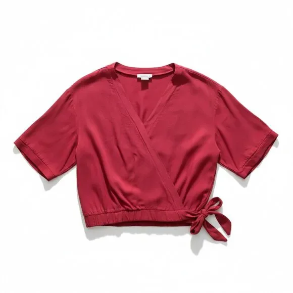 Women’s Burgundy Wrap Front Top | Short Sleeve Tie Waist Blouse | Medium - Picture 4 of 14